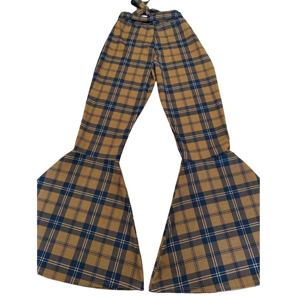 VTG Y2K Vamp Brown Plaid High Waisted Bell Bottom Pants w/ Tie Belt Small USA - Picture 2 of 7